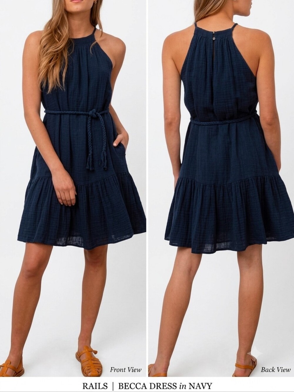 Rails Becca Halter Cotton Belted Dress in Navy Blue, Coastal M